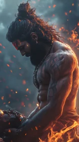 Embers crown a warrior saint lost in silent inner thunder