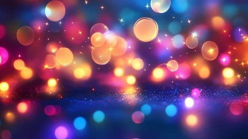 Colorful bokeh light orbs float over dark gradient background