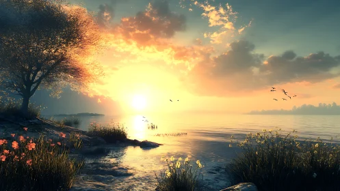 Golden lake sunset with quiet shoreline and drifting birds.