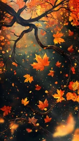 Turbulent maple canopy with luminous autumnal leaf vortices.