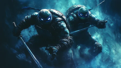 Twin turtle warriors charge through glowing teal storm.