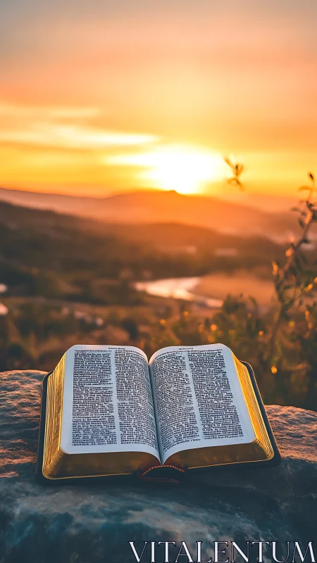 Open book on rock is positioned before low sun at horizon
