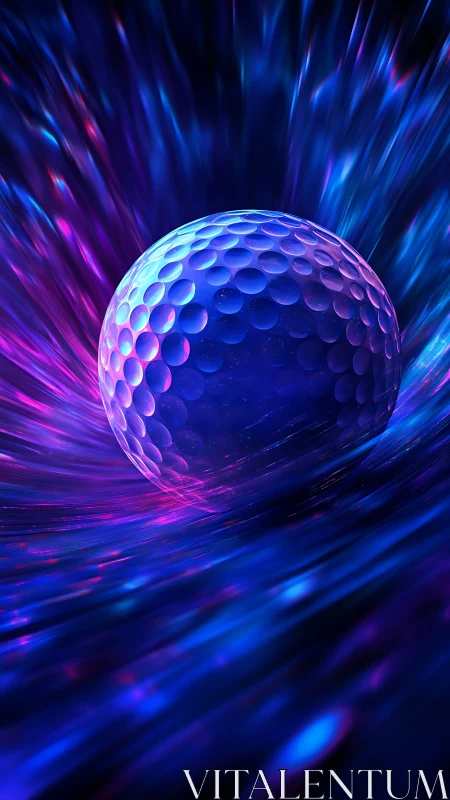 Iridescent dimpled sphere glides through neon energy tunnel