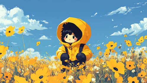 Cozy child in yellow parka wandering through sunny flowers.