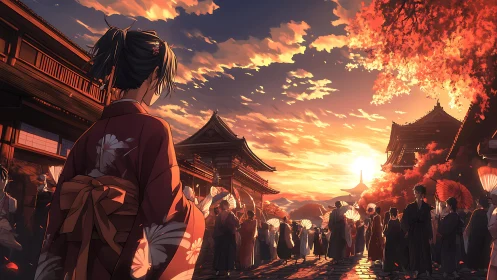 Sunset procession through autumn temple streets in Kyoto.