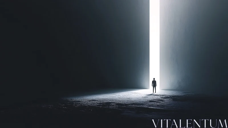 Solitary human silhouette at vertical luminous portal threshold.