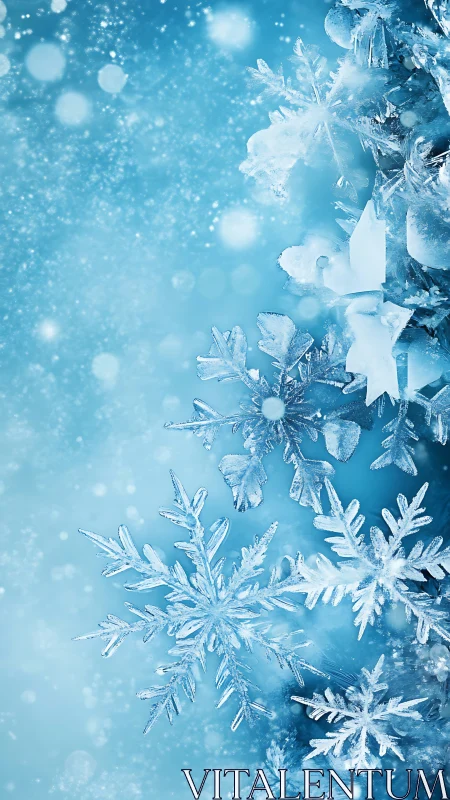 Glittering ice crystal snowflakes shimmer in a frosty blue haze