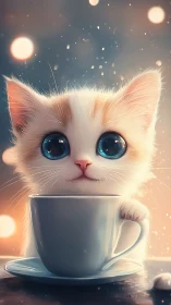 White Cat with Blue Eyes Holding Coffee Cup. Digital Portrait.
