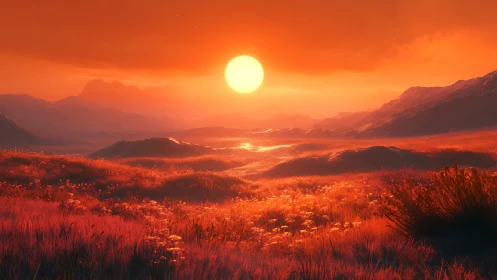 Fiery sunset over glowing wildflower valley and hills.