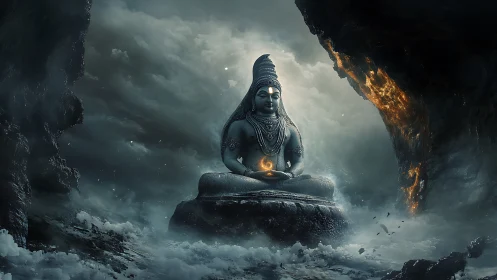 Mystic stone deity meditating amid stormlit cavern flames.