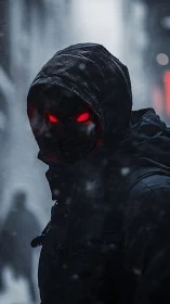 Cyberpunk hooded specter in snow-lost urban corridor.