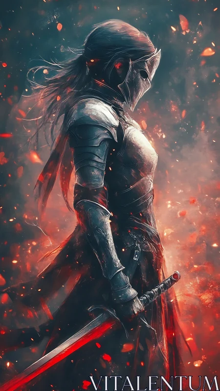 Armored warrior stands in profile holding glowing red sword