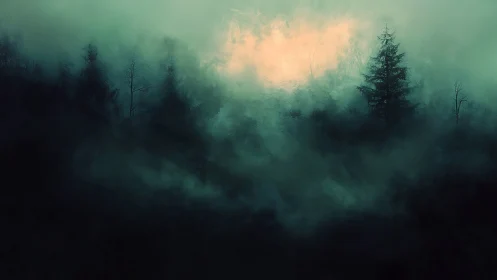 Soft dawn glow welcomes a misty forest into quiet day