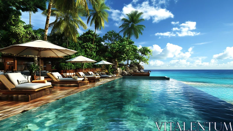 Luxury infinity pool merges into tranquil tropical ocean