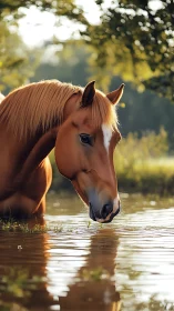 Chestnut horse drinks calmly from sunlit forest pond