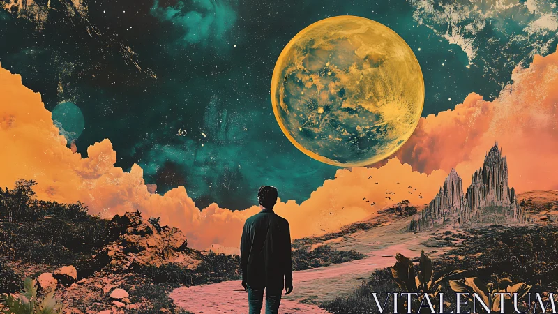 Solitary figure observes colossal luminescent planet in surreal sky