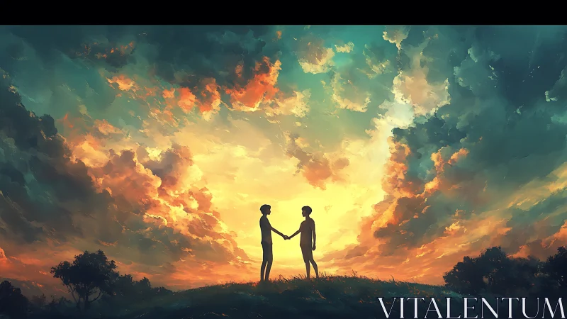 Two silhouetted figures unite beneath a blazing sunset sky.