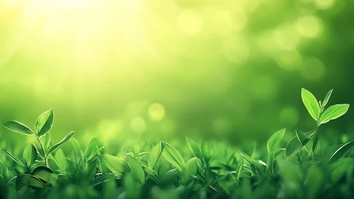 Fresh green leaves in sunlight, soft focus nature background.