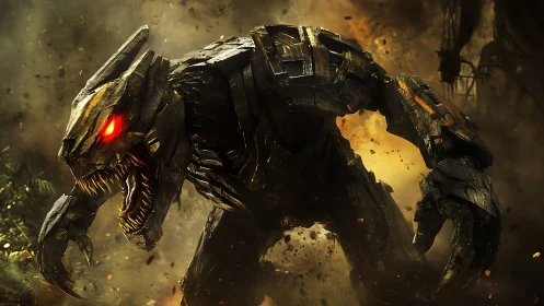 Armored mechanical beast charges through burning battlefield