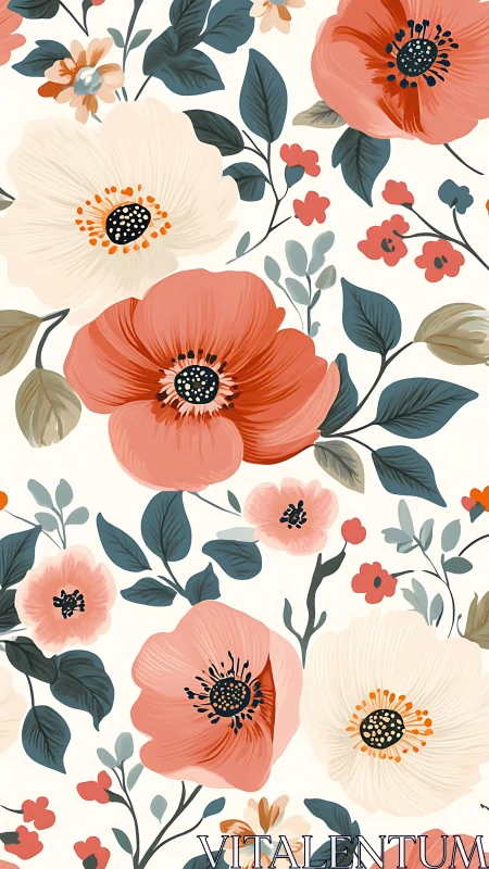 Floral Pattern with Botanical Elements in Neutral Palette.