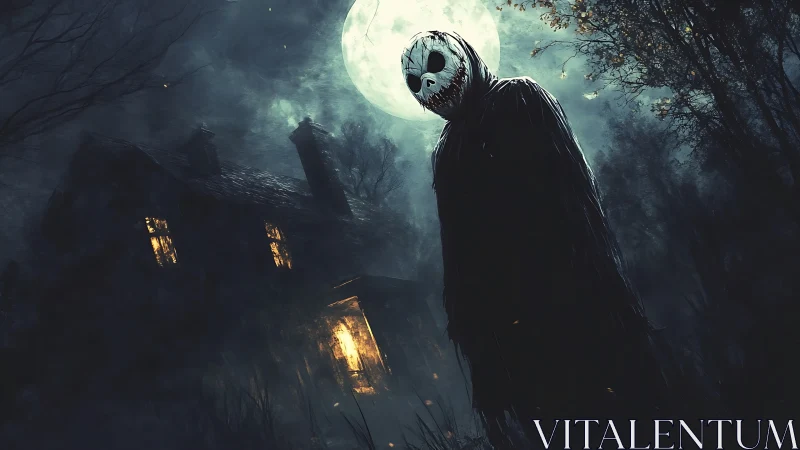 Masked figure stalks moonlit haunted house in fog.