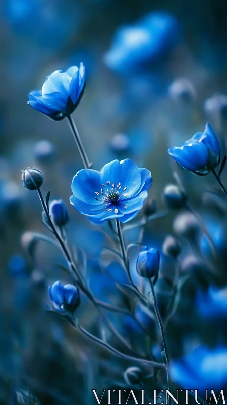 Blue Flowers in Soft Focus. Delicate petals glow with vibrant blue tones.