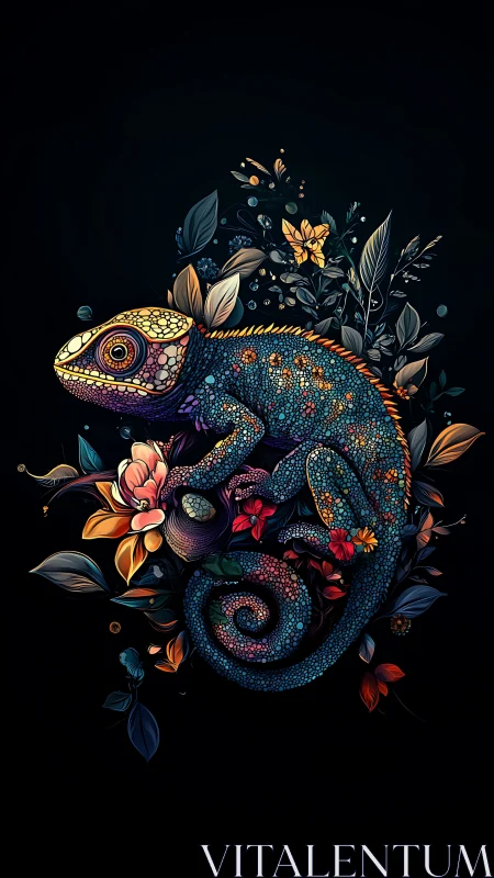 Chromatic chameleon curled in luminous floral foliage.