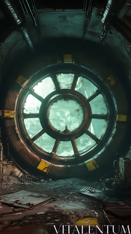 Corroded circular vault viewport framing hazy teal wasteland
