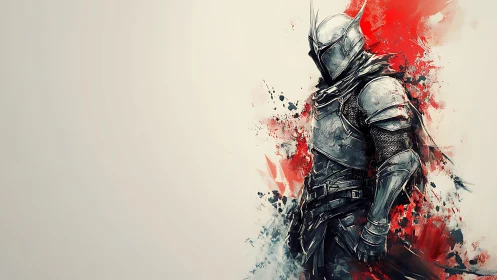 Steel-clad knight amid crimson ink-splash abstraction.