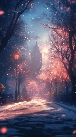 Twilight blossoms drift toward a dreaming clocktower street