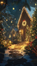 Cozy winter cottage glowing with twinkling Christmas lights.