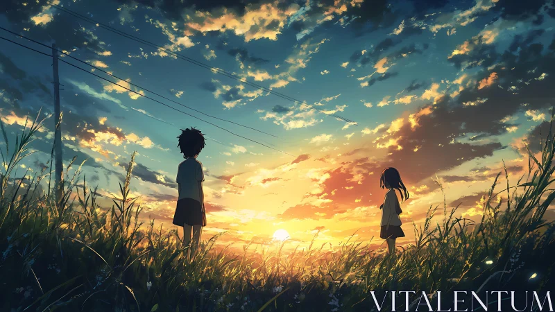 Backlit silhouettes view stratified sunset sky over rural field