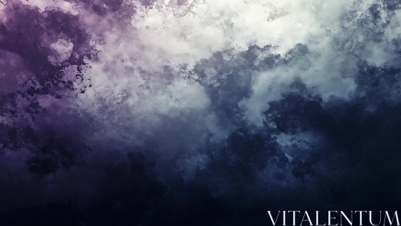 Abstract cloudy sky digital painting in moody purple and blue tones.