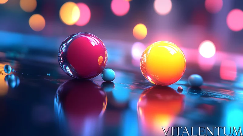Neon glass spheres on reflective surface in bokeh glow.