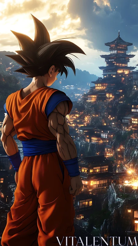 Anime warrior overlooks dense, illuminated mountainside city