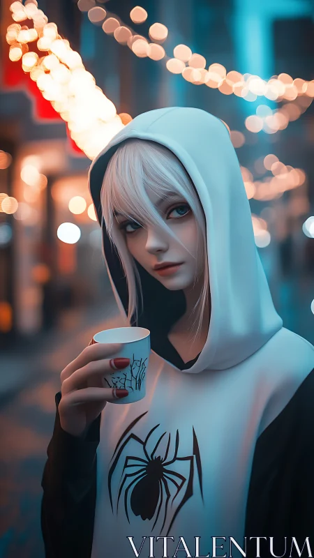 Hooded anime girl with spider emblem cup in neon alley.