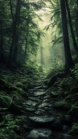 Misty Forest Stream Pathway Through Dense Canopy and Verdant Woodland.