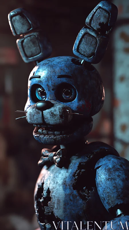Weathered blue robot bunny stares forward in eerie light