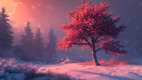 Solitary pink tree stands in snowy forest at glowing sunset