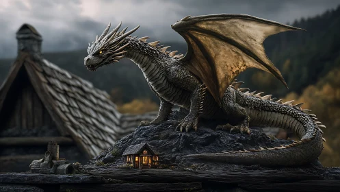 Twilight village guardian dragon perched above emberlit roofs.