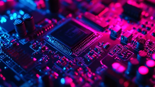 Neon-lit microchip dominates close-up view of circuit board
