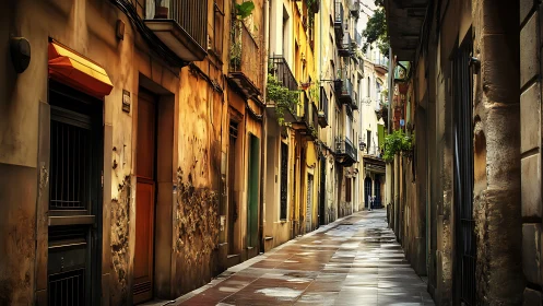Narrow sunlit European alley with colorful old facades.