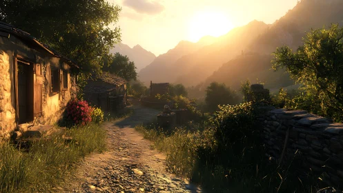 Sunlit mountain village path with rustic stone cottages.