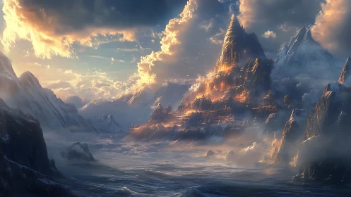 Skyfire citadel blazing above a frozen cloud ocean.