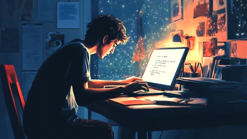 Backlit student types at laptop amid bokeh-lit night window