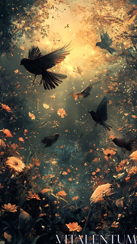 Ravens drifting through golden twilight over wild blooms.