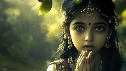 Child in traditional adornment gazes forward in ethereal light
