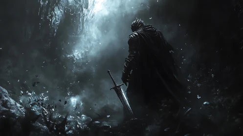 Armored figure with sword in dark misty cavern environment.