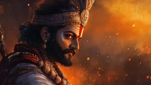 Regal warrior profile with ornate crown in warm light.