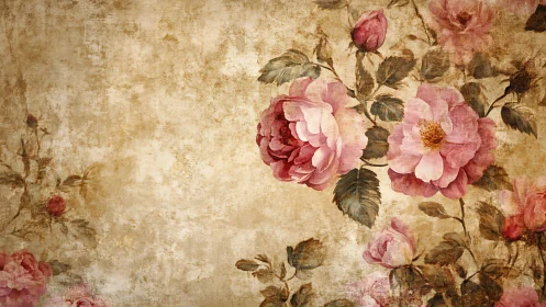 Aged floral mural depicts pink roses on distressed sepia ground